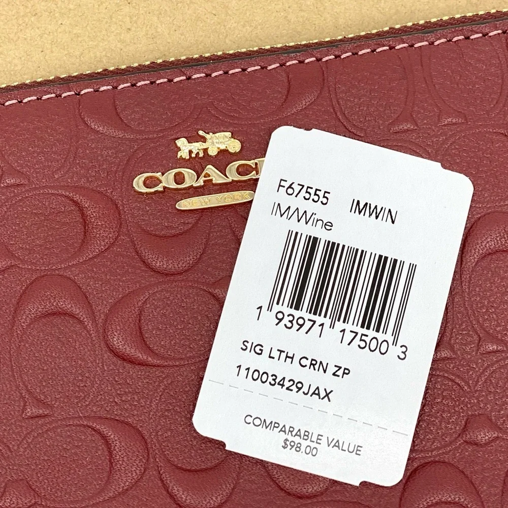 Coach Corner Zip Signature Leather Wristlet Wallet